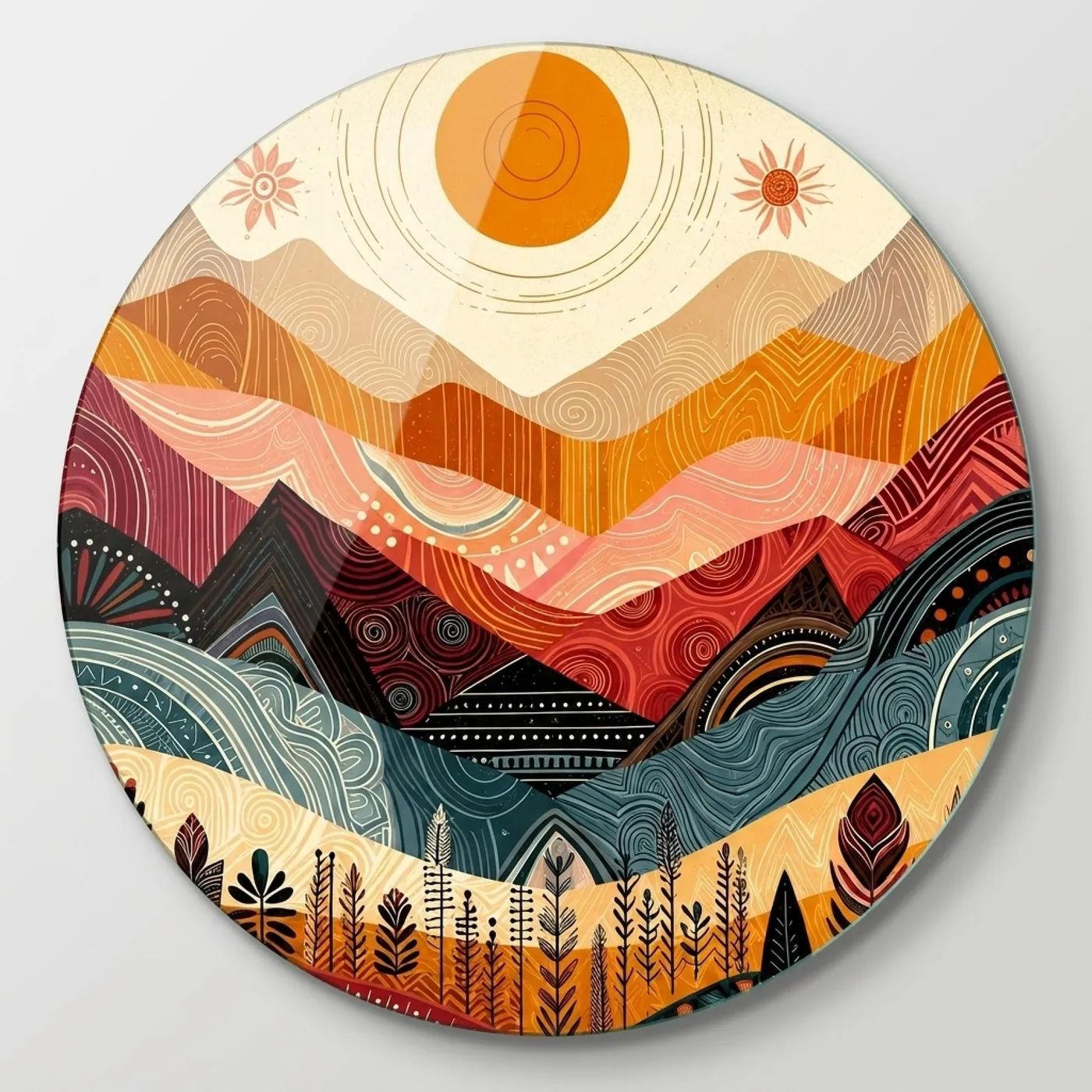 Bohemian Patterned Mountain Landscape Round Glass Wall Art glass wall art