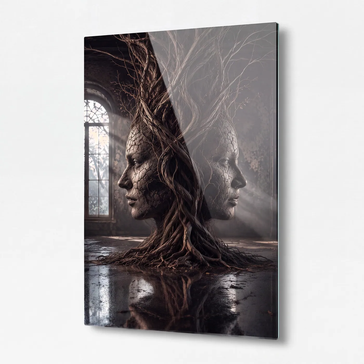 Tree Root Faces Surreal Vertical Glass Wall Art glass wall art