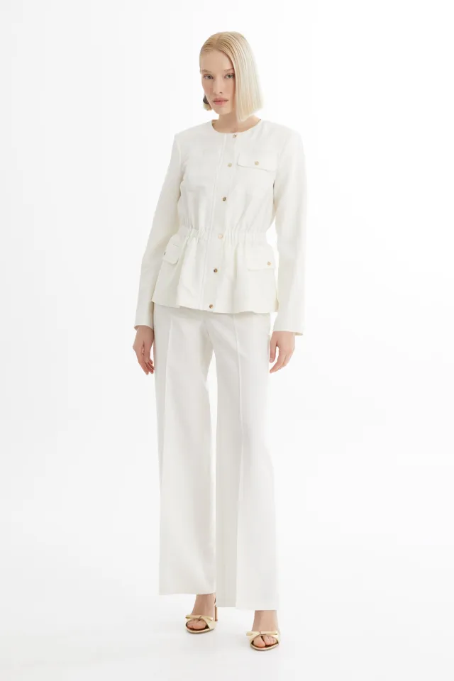 Ecru Set with Jacket and Piped-Hem Trousers