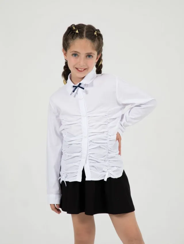 Büşra Bebe Girls’ White Front-Ruched School Shirt 24215