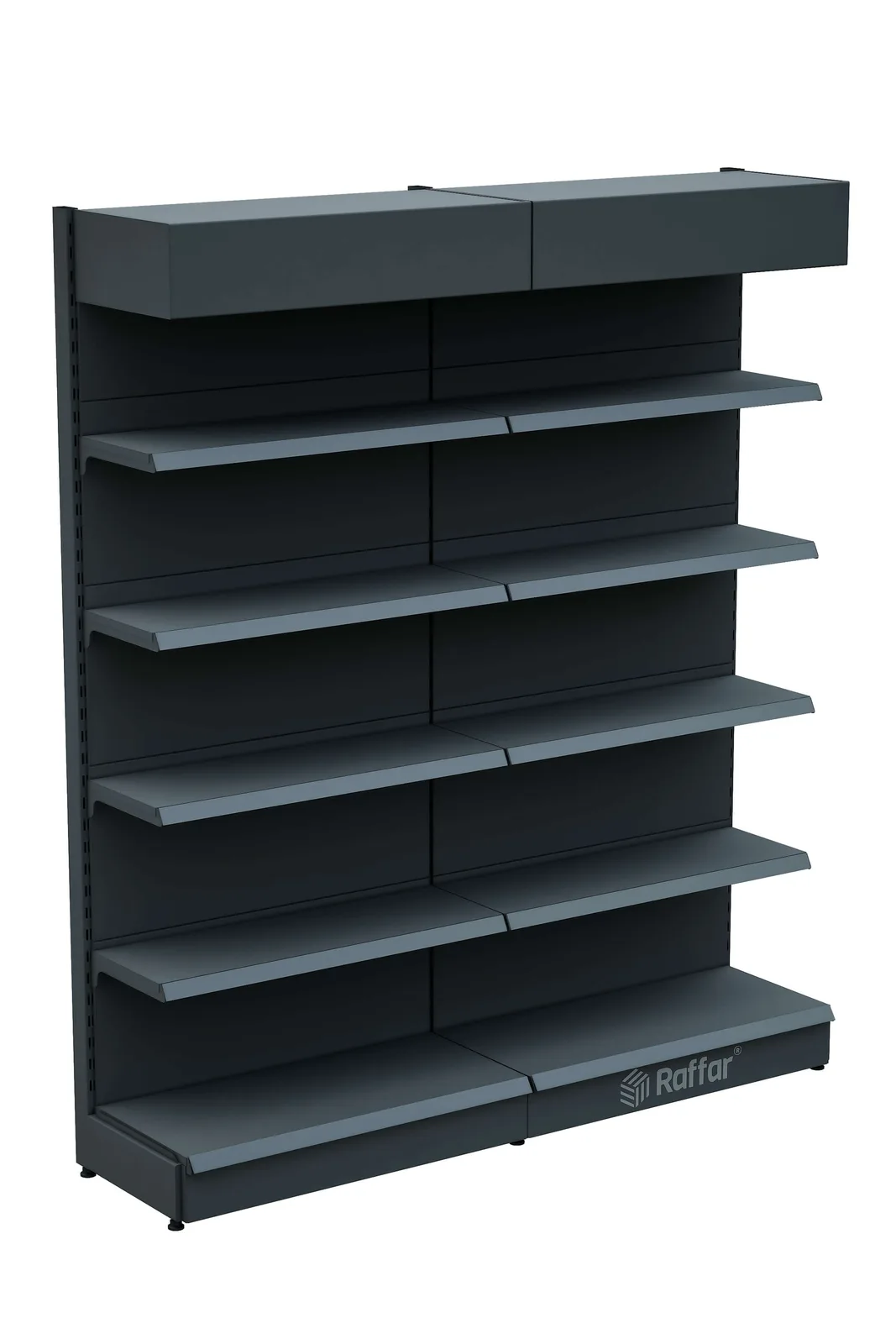 رف حائط سوبرماركت مع غطاء علوي وقاعدة – 5 طوابق أنثراسيت، وحدتان – W180 × H220 × D30/40 cm