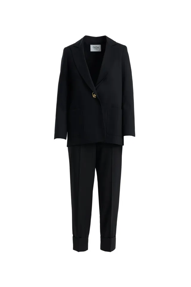 Single-Button Black Blazer Set