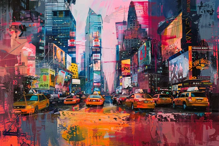 Yagli Boya Neon Isikli Sehirde Sari Taksi Aksami Canvas Tablo canvas wall art