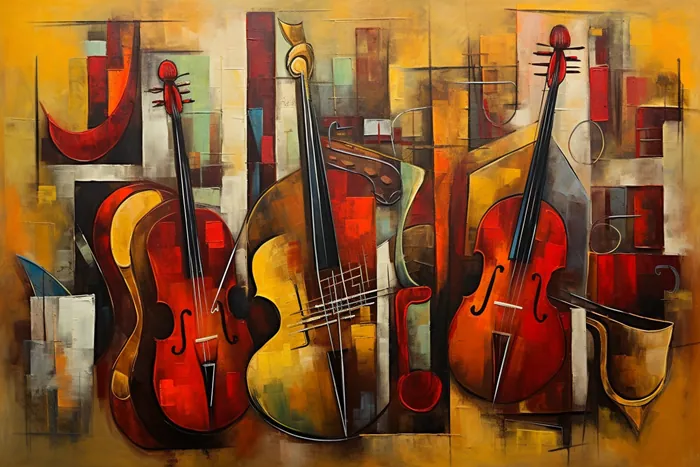 Yagli Boya Kemanlar Ve Kontrbas Abstract Muzik Canvas Tablo canvas wall art