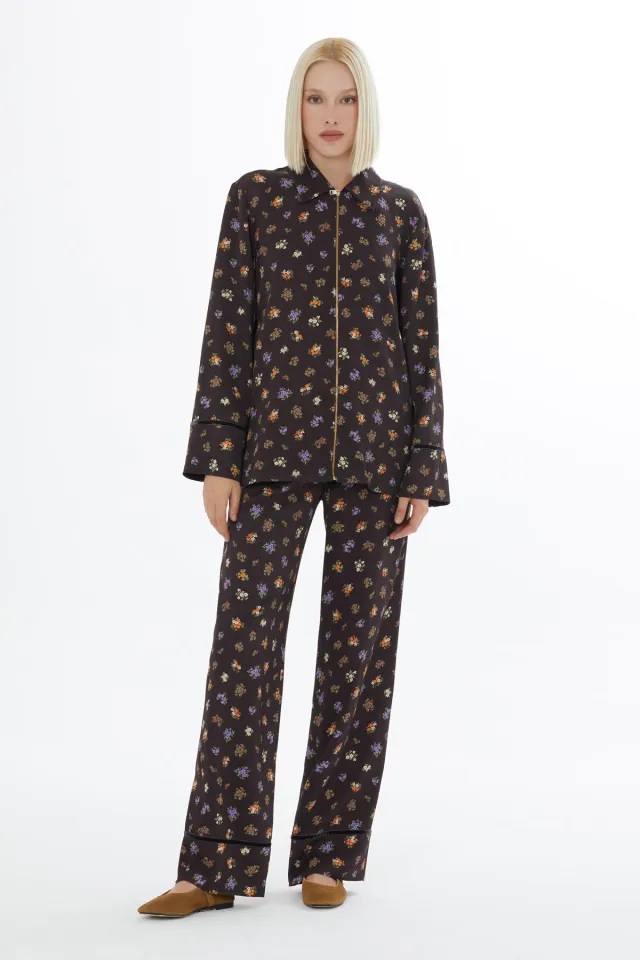 Zip Closure Collared Patterned Relaxed Set