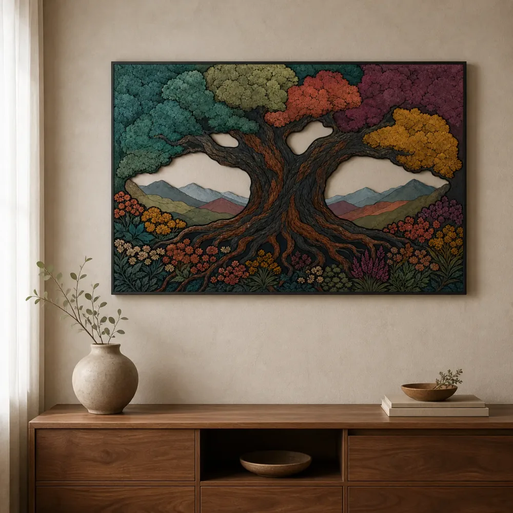 Colorful Ancient Tree of Life in Mountain Meadow Metal Wall Art