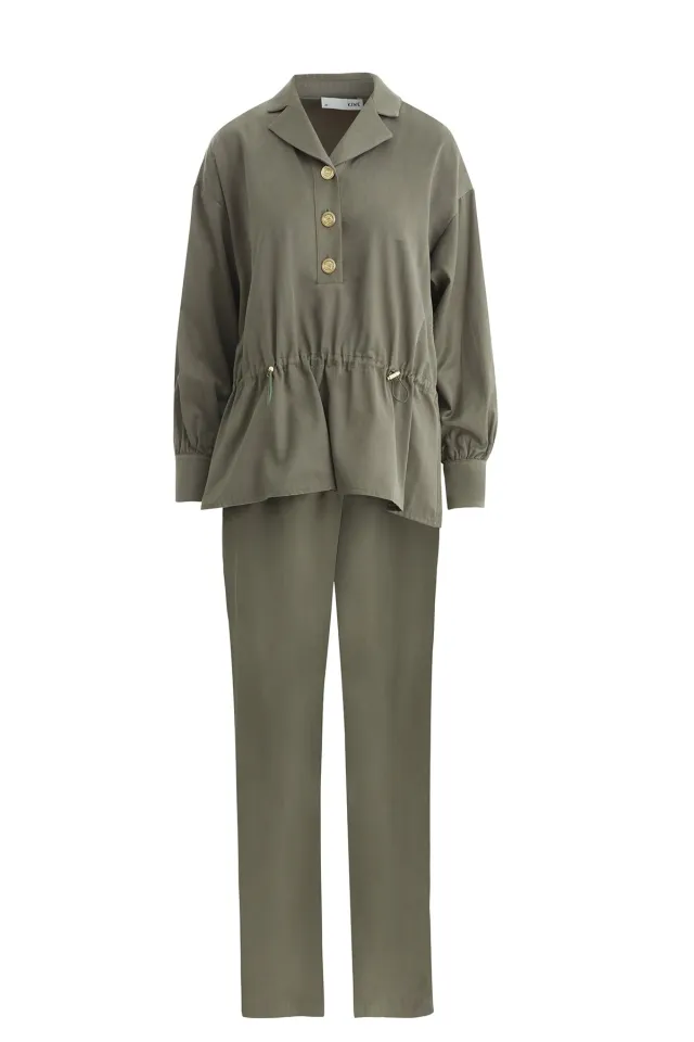 Green Blouse and Trousers Set with Gathered Waist