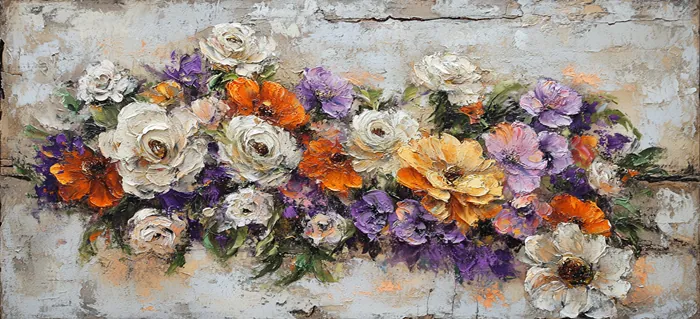 Yagli Boya Mor Turuncu Rolyef Cicekler Canvas Tablo canvas wall art