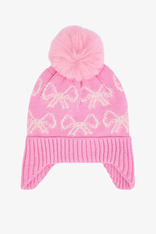 Girls' Pink Striped Winter Hat with Knot