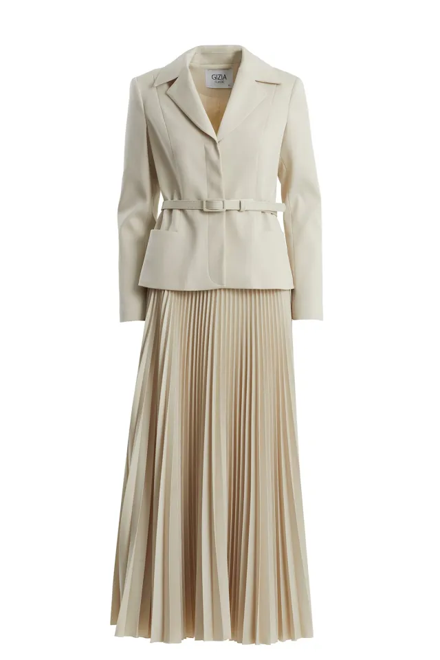 Beige Set with Belted Jacket and Pleated Skirt