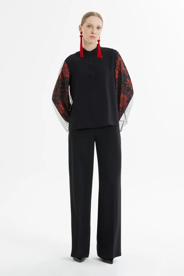 Set with Tulle-Detail Sleeve Blouse and Wide-Leg Pants