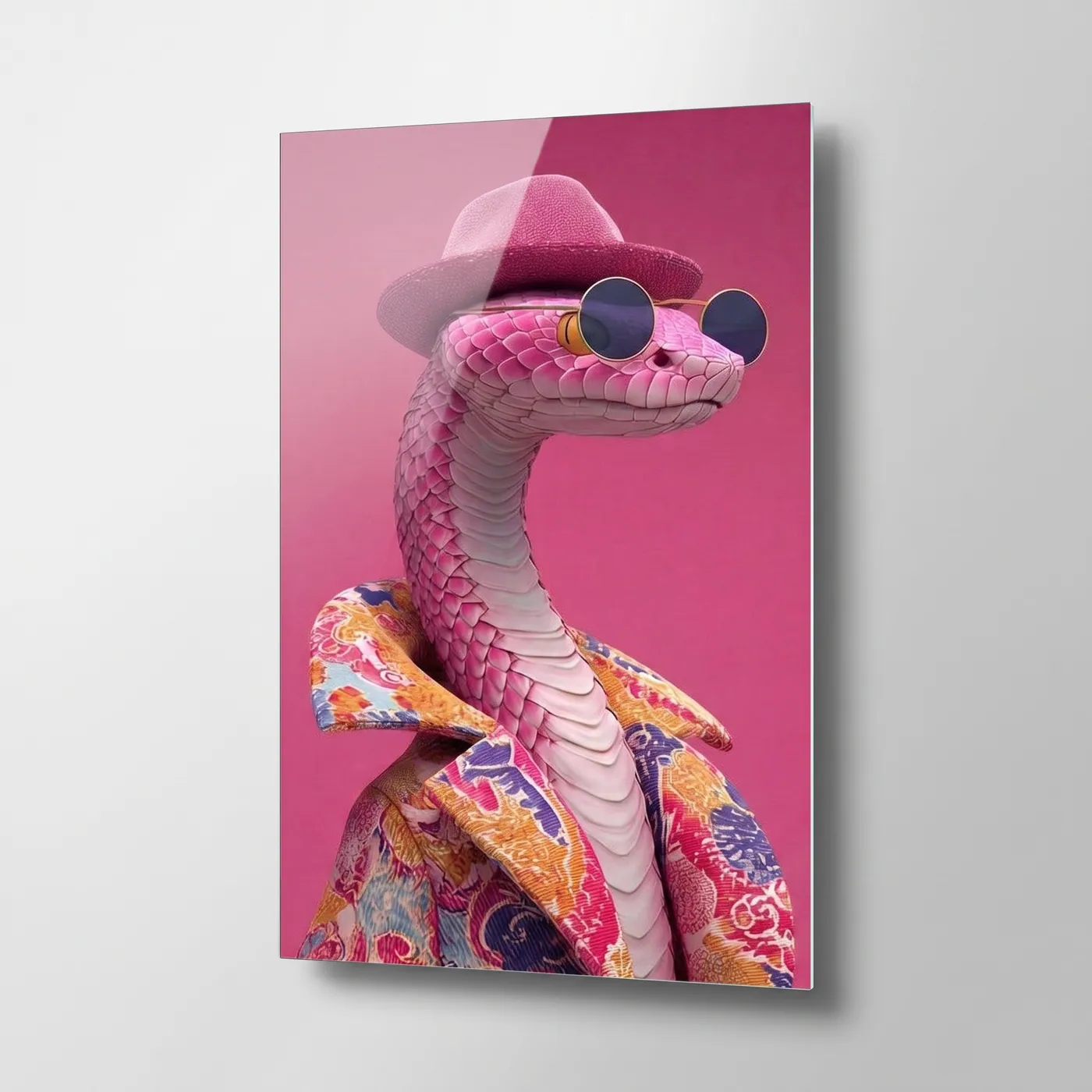 Stylish Snake with Pink Hat Vertical Glass Wall Art glass wall art