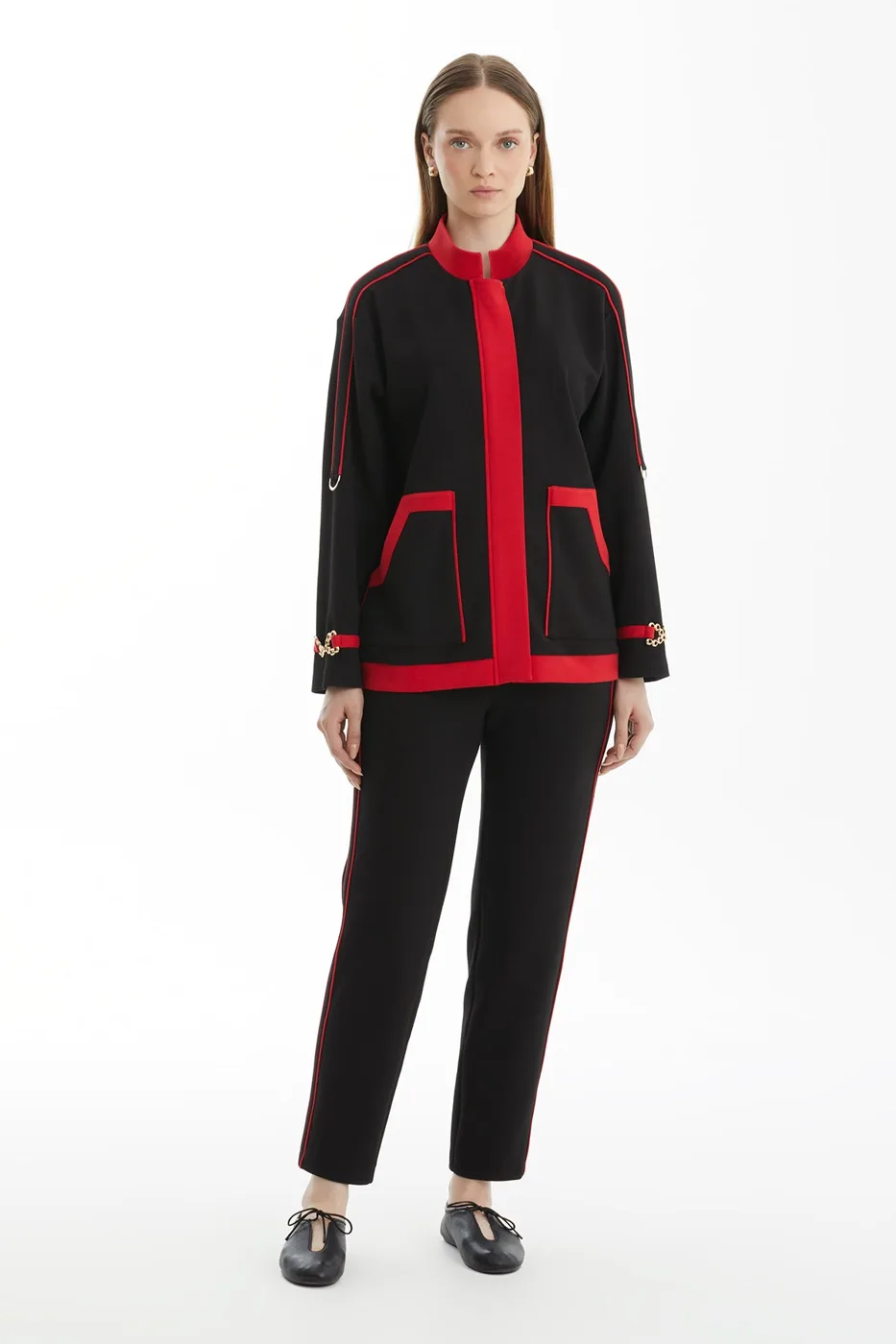 Black Tracksuit Set With Contrast Piping