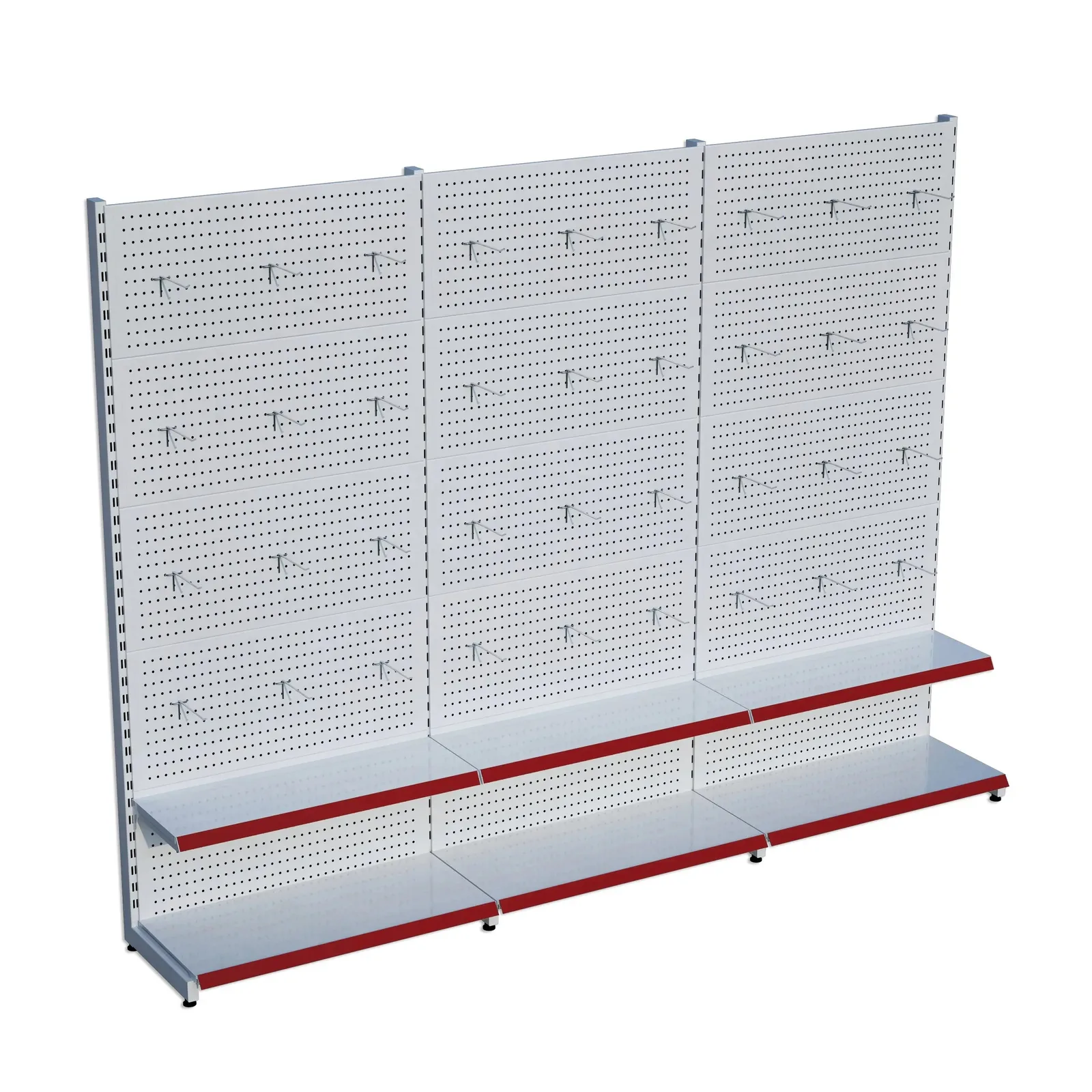 رف عُدَد مثقّب – طابقان أبيض، 3 وحدات – W270 × H220 × D30/40 cm