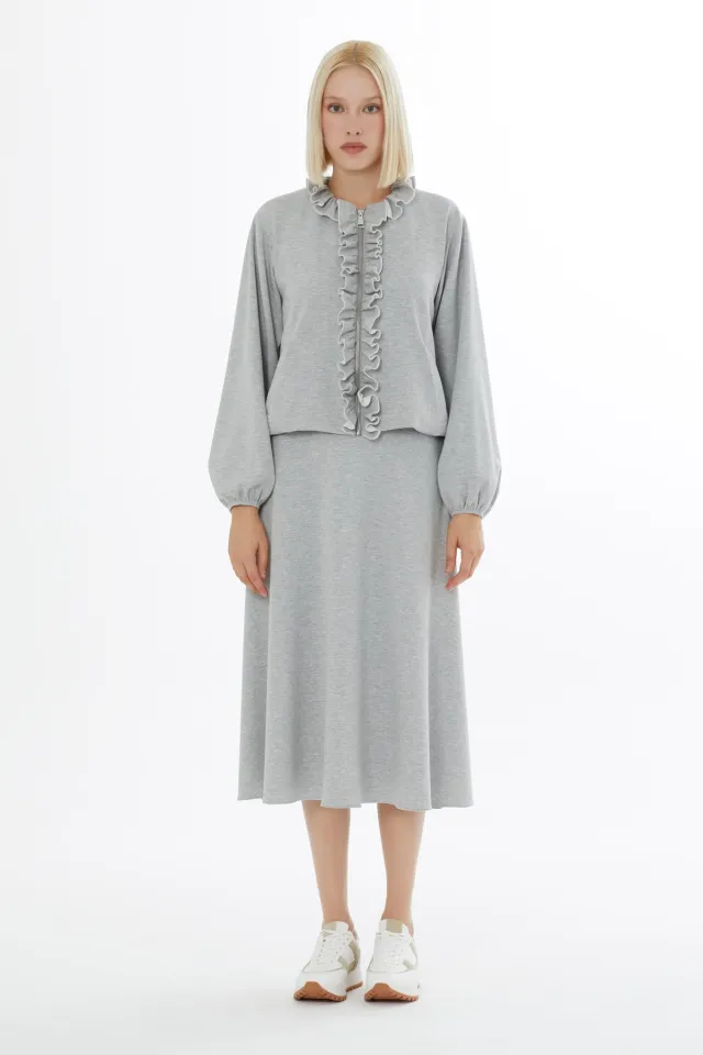 Zip Closure Front Ruffled Cardigan and Pleated Skirt Set