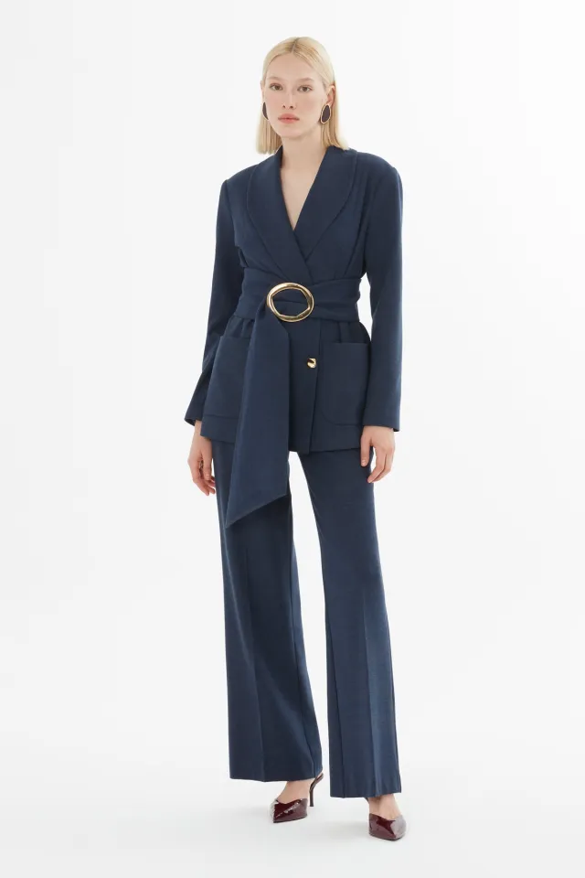Double-Breasted Belted Jacket and Palazzo Trousers Set
