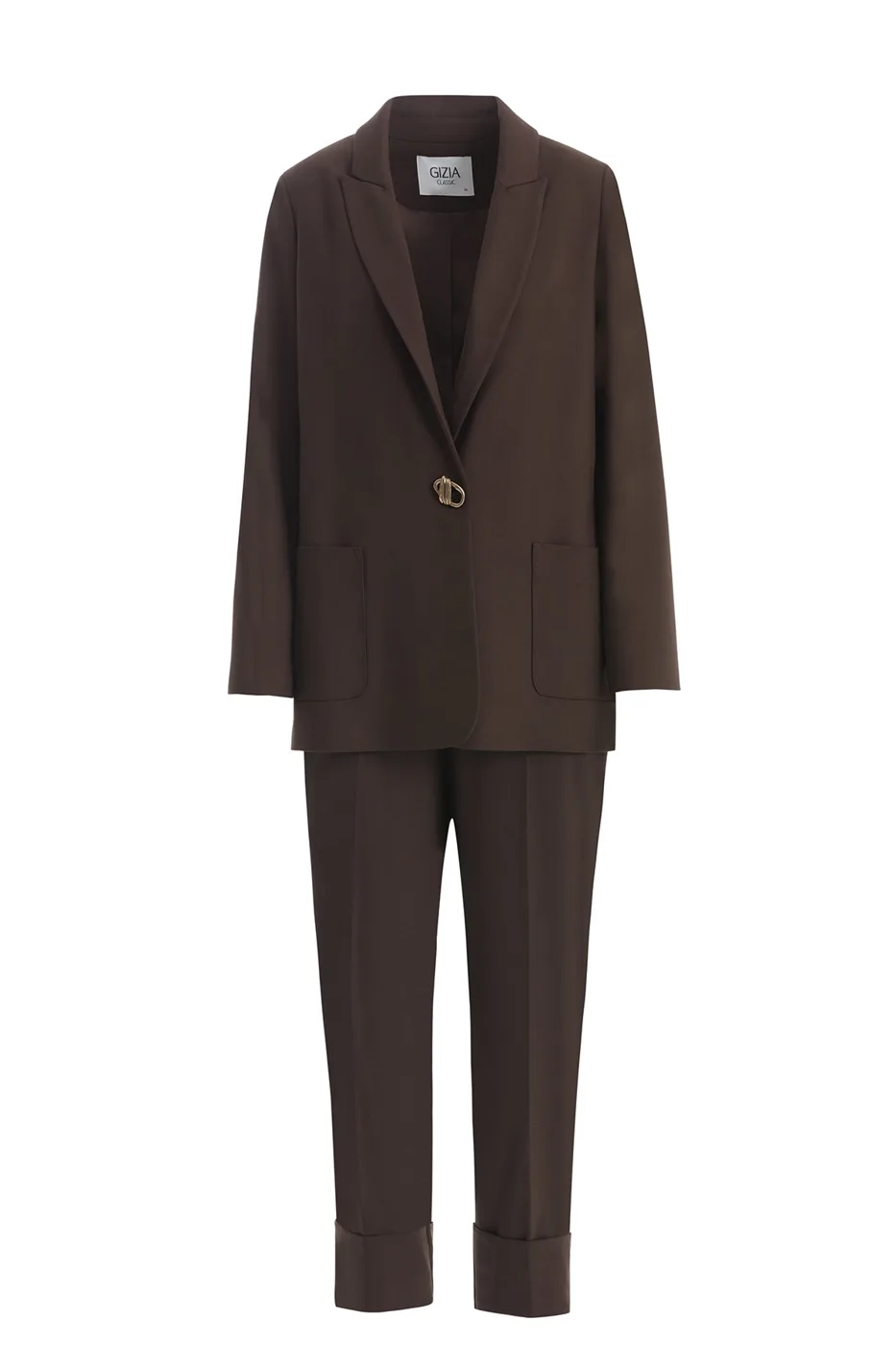 Brown Pants Set With Single-Button Detail