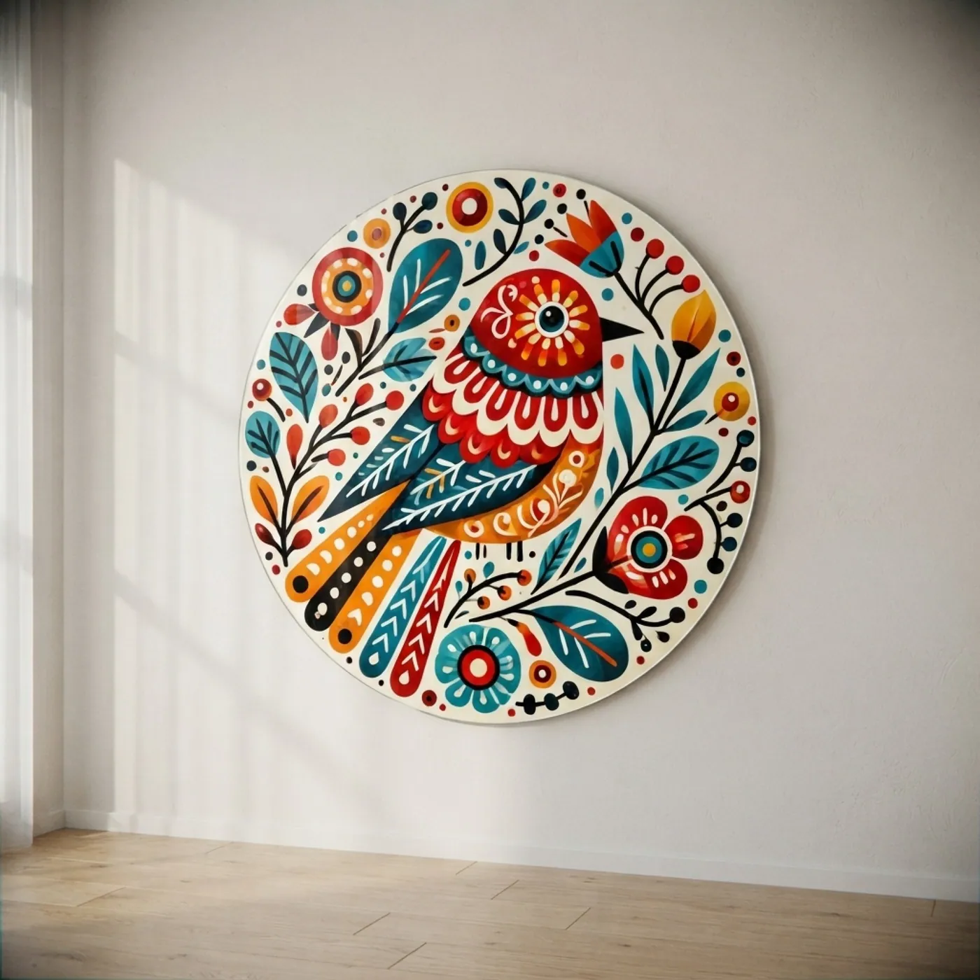 Halk Sanati Motifli Kus Tasarimi Yuvarlak glass wall art