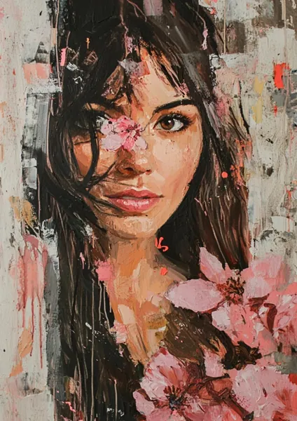 Yagli Boya Pembe Cicekli Modern Kadin Portresi Canvas Tablo canvas wall art