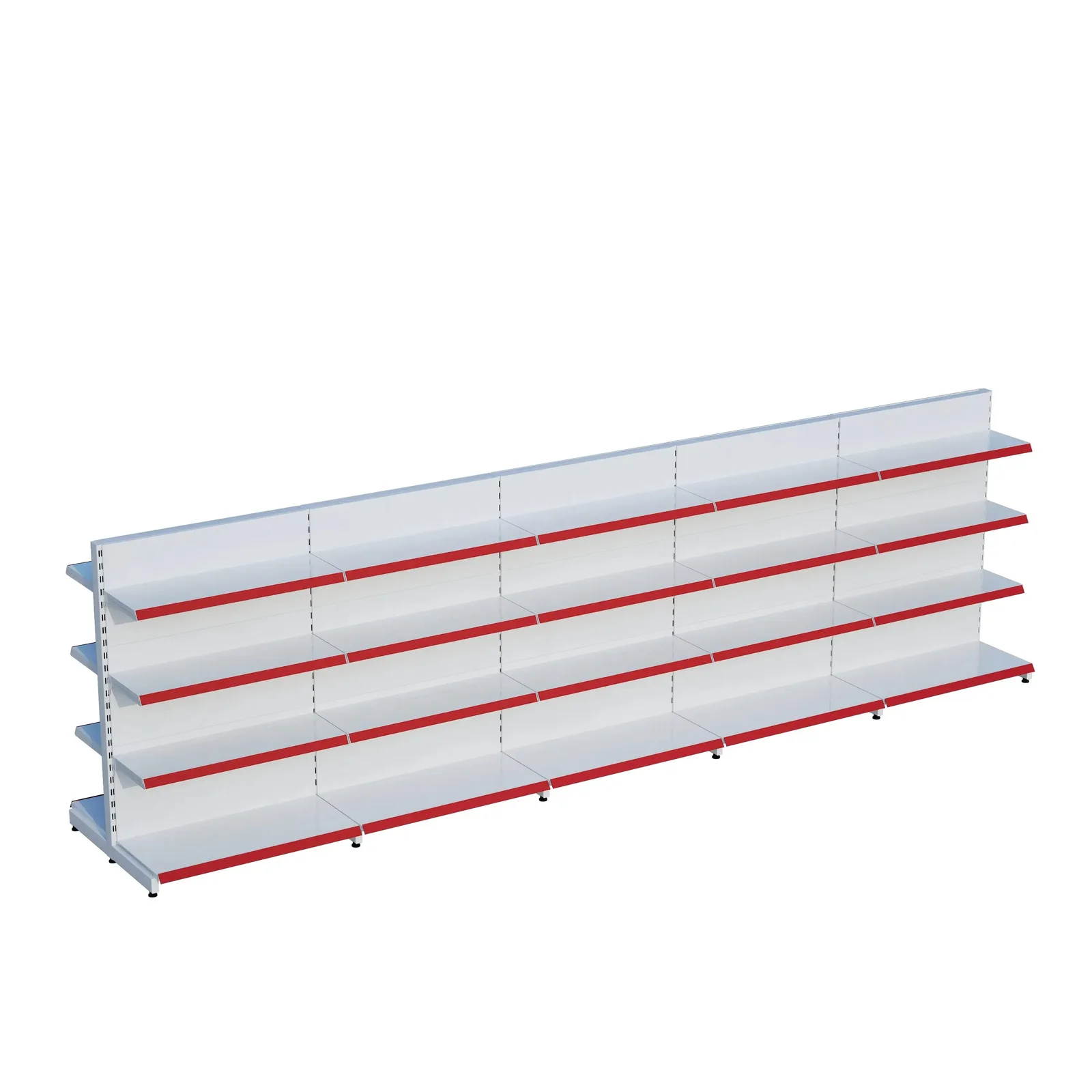 رف ممر أوسط مزدوج الوجه للسوبرماركت – 4 طوابق أبيض، 5 وحدات – W450 × H140 × D30/40 cm