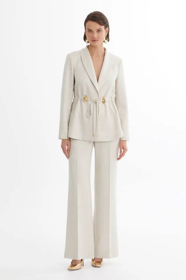Shawl Collar Gathered Waist Jacket and Trousers Ecru Set