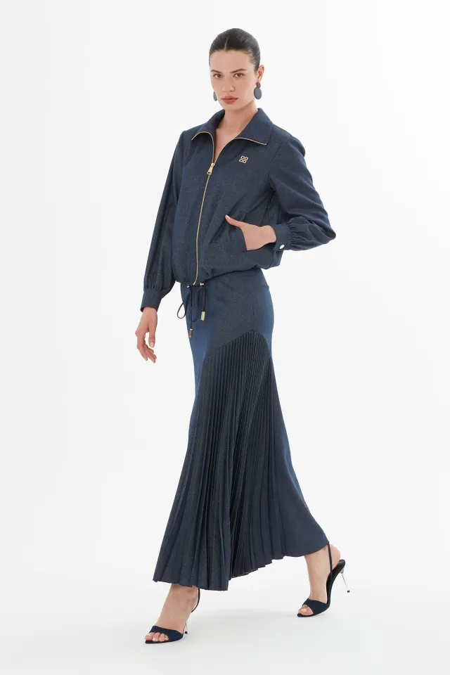 Zippered Cardigan and Pleated Long Skirt Set