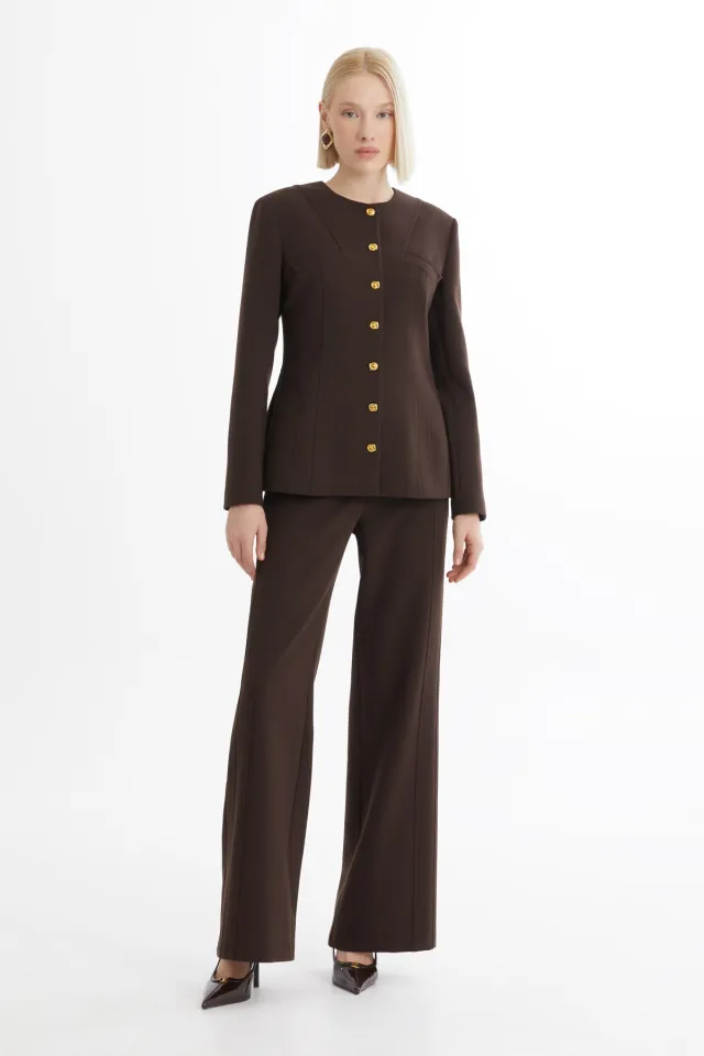 Brown Jacket and Trousers Set with Crew Neck