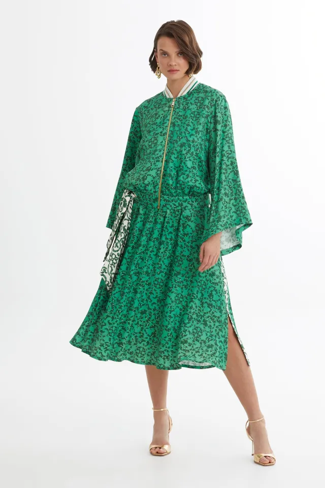 Batwing-Sleeve Jacket and Green Skirt Set