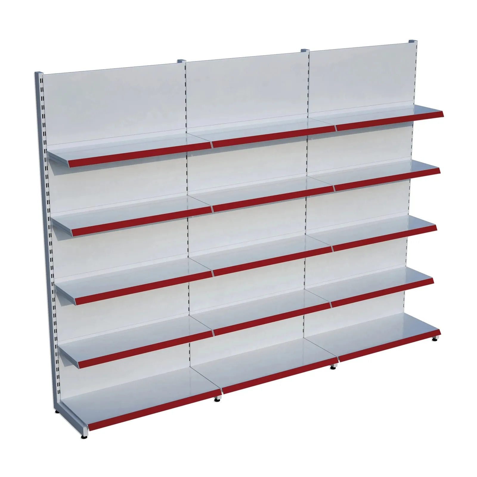 رف جداري للسوق – 5 طبقات أبيض، ثلاث وحدات – W270 × H220 × D30/40 cm