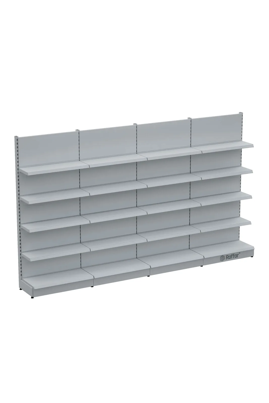 رف حائط سوبرماركت بقاعدة – 5 طوابق أبيض، 4 وحدات – W360 × H220 × D30/40 cm