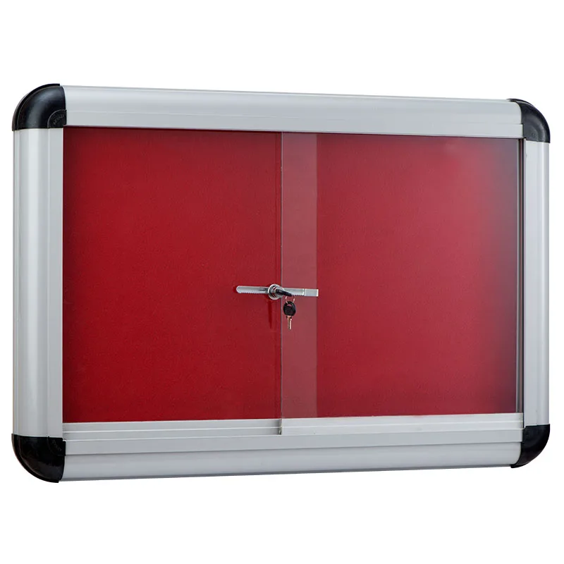 Fabric notice board with metal frame and glass cover
