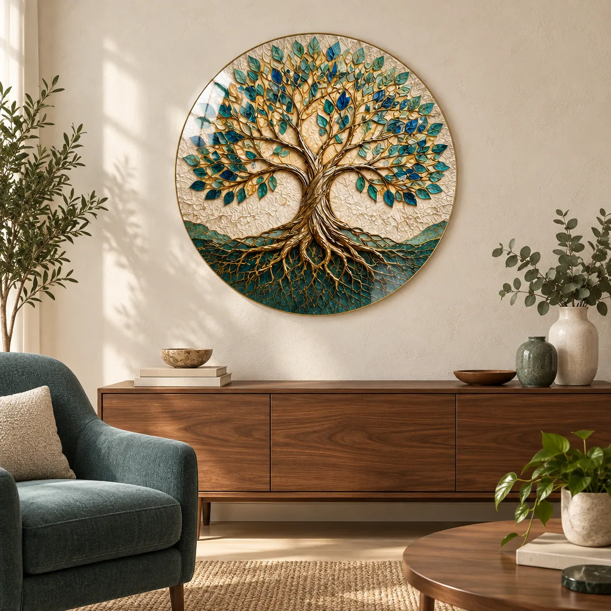 Round glass wall art with turquoise leaves and golden tree of life