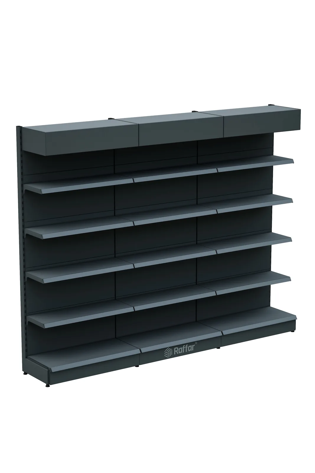 رف حائط سوبرماركت مع غطاء علوي وقاعدة – 5 طوابق أنثراسيت، 3 وحدات – W270 × H220 × D30/40 cm