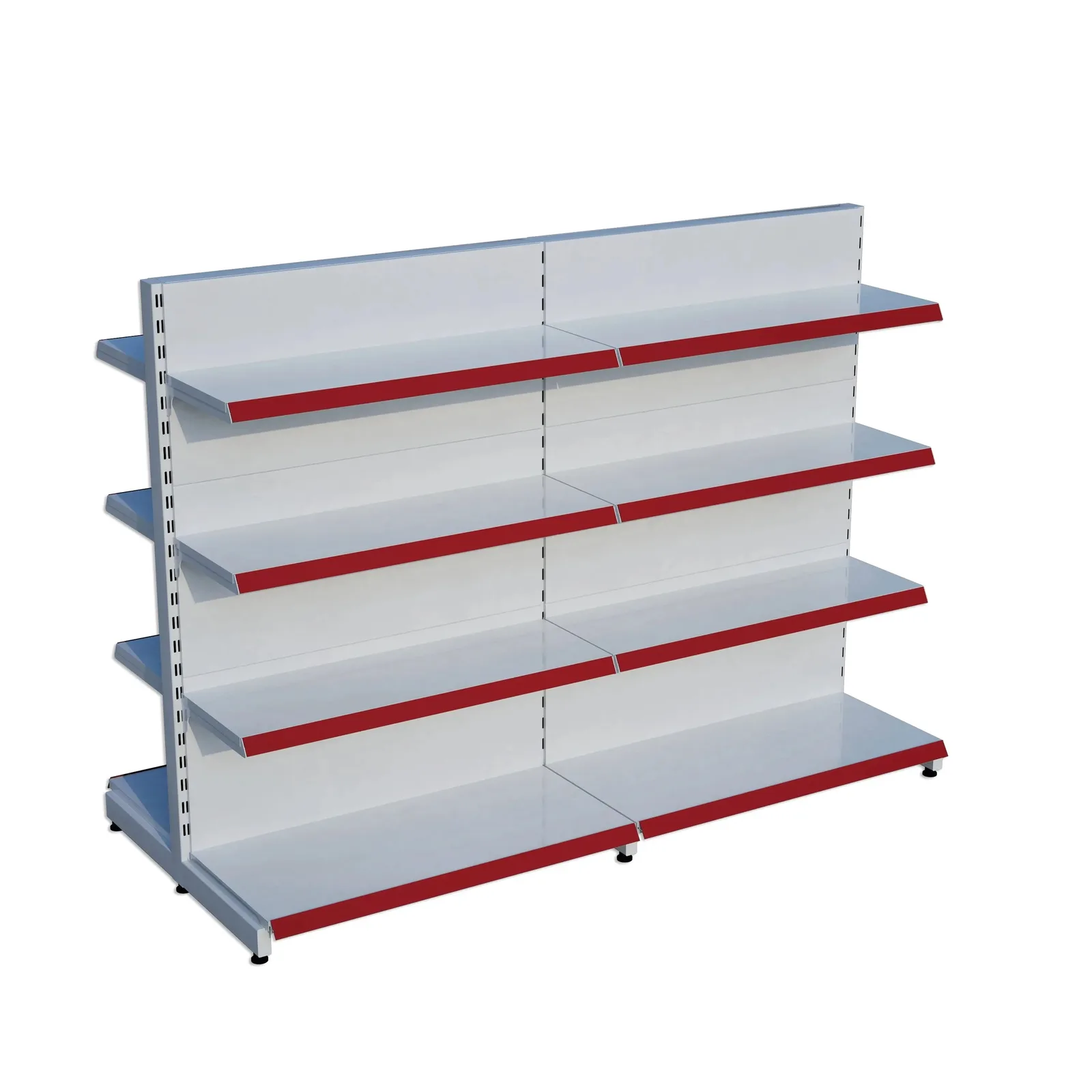 رف ممر أوسط مزدوج الوجه للسوبرماركت – 4 طوابق أبيض، وحدتان – W180 × H140 × D30/40 cm