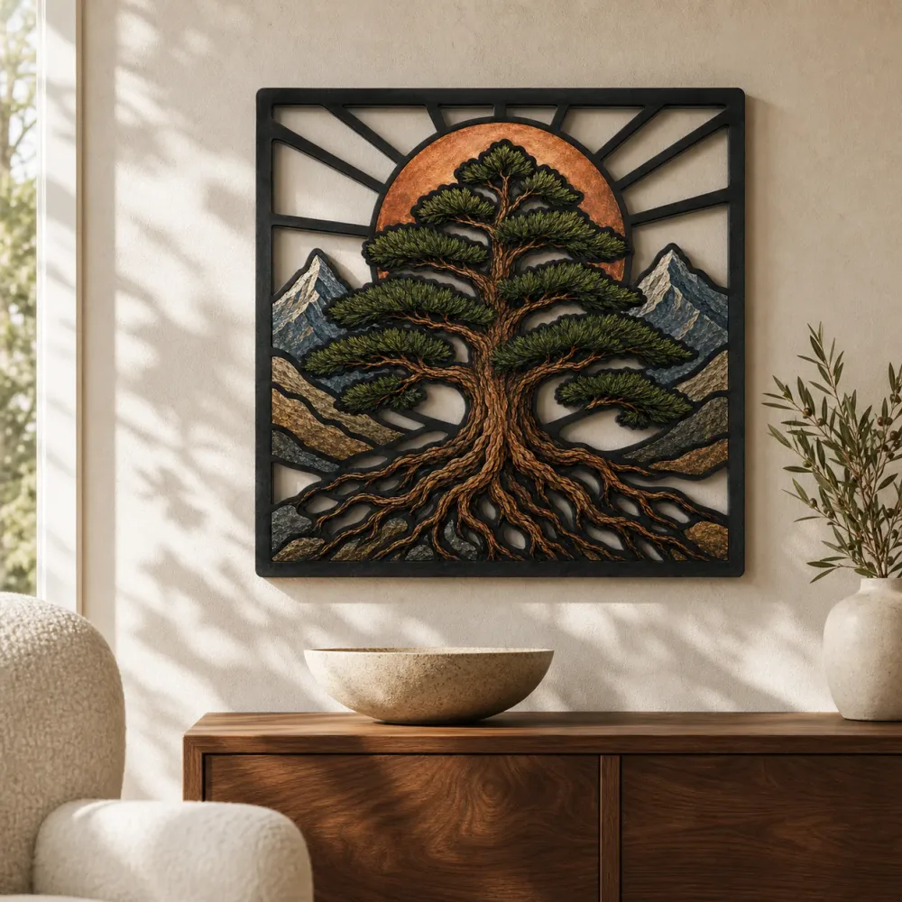 Mountain Pine Tree of Life with Radiant Sun Colorful Metal Wall Art