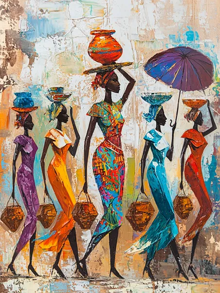 Yagli Boya Afrika Kadinlari Geleneksel Pazar Yolu Canvas Tablo canvas wall art