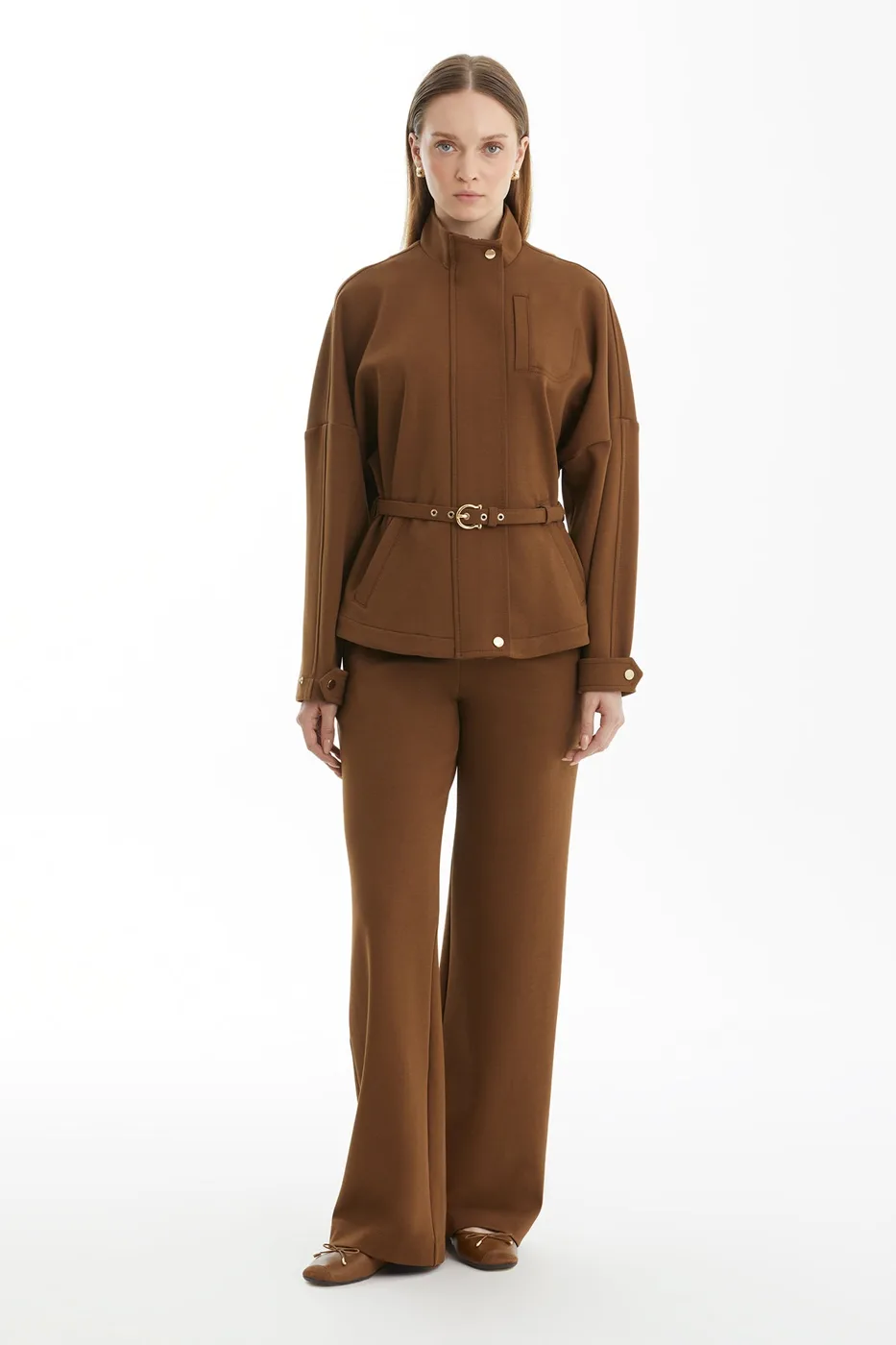 Brown Tracksuit Set With Belt Detail