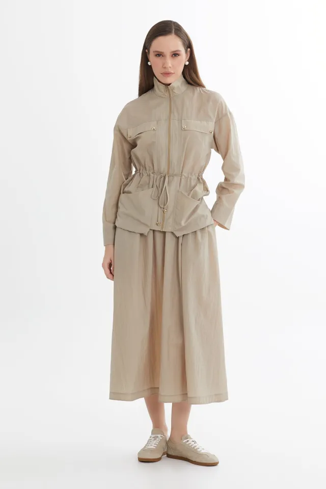 Embroidered Jacket and Midi Skirt Beige Set