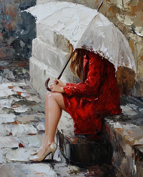 Yagli Boya Elbiseli Kadin Ve Semsiye Canvas Tablo canvas wall art