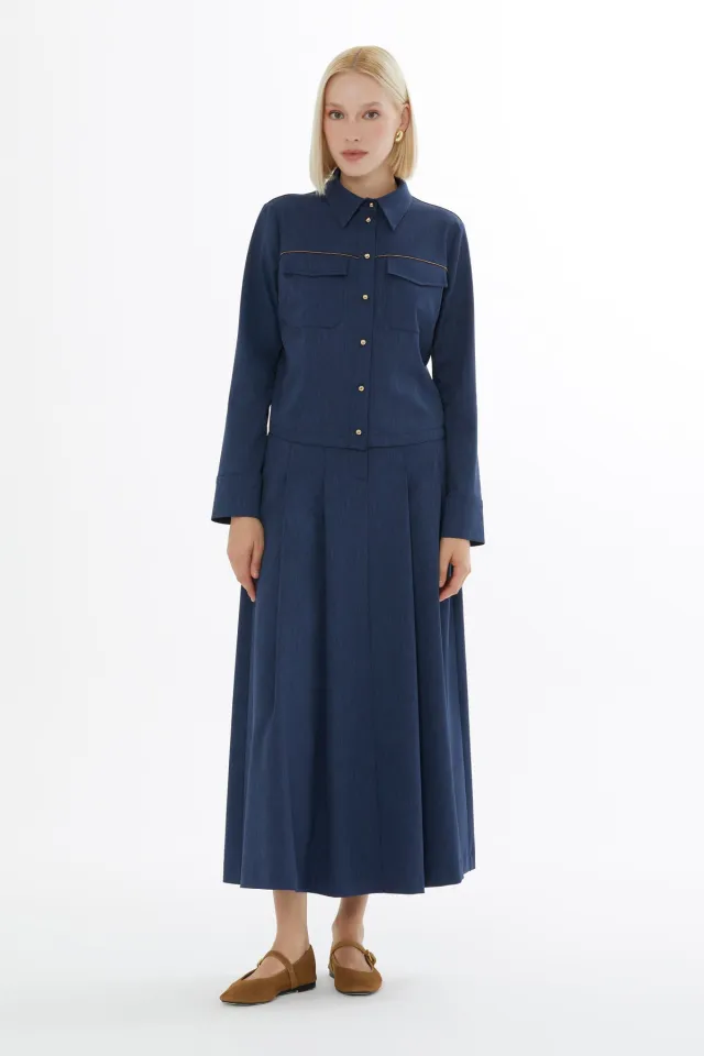 Shirt and Midi Skirt Set with Belted Waist and Hook Closure