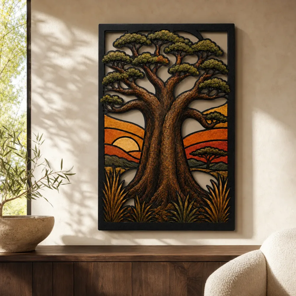 African Baobab Tree of Life at Sunrise Colorful Metal Wall Art