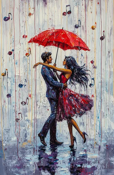 Yagli Boya Semsiyeli Muzikli Dans Eden Asiklar Canvas Tablo canvas wall art