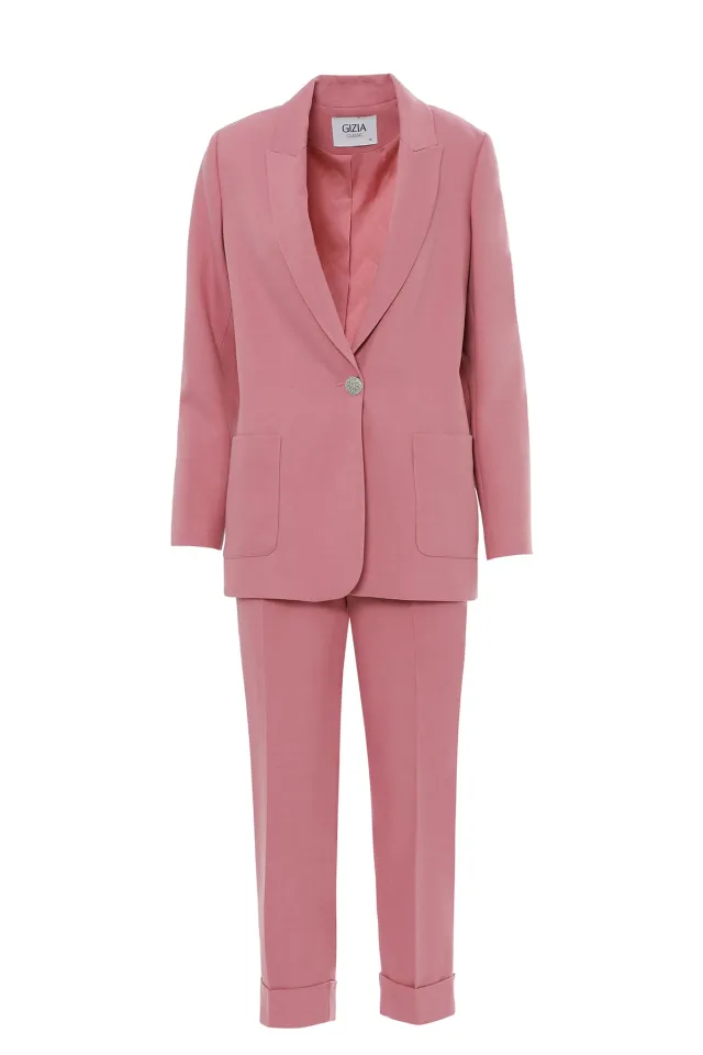Metal-Button Jacket and Trousers Pink Set