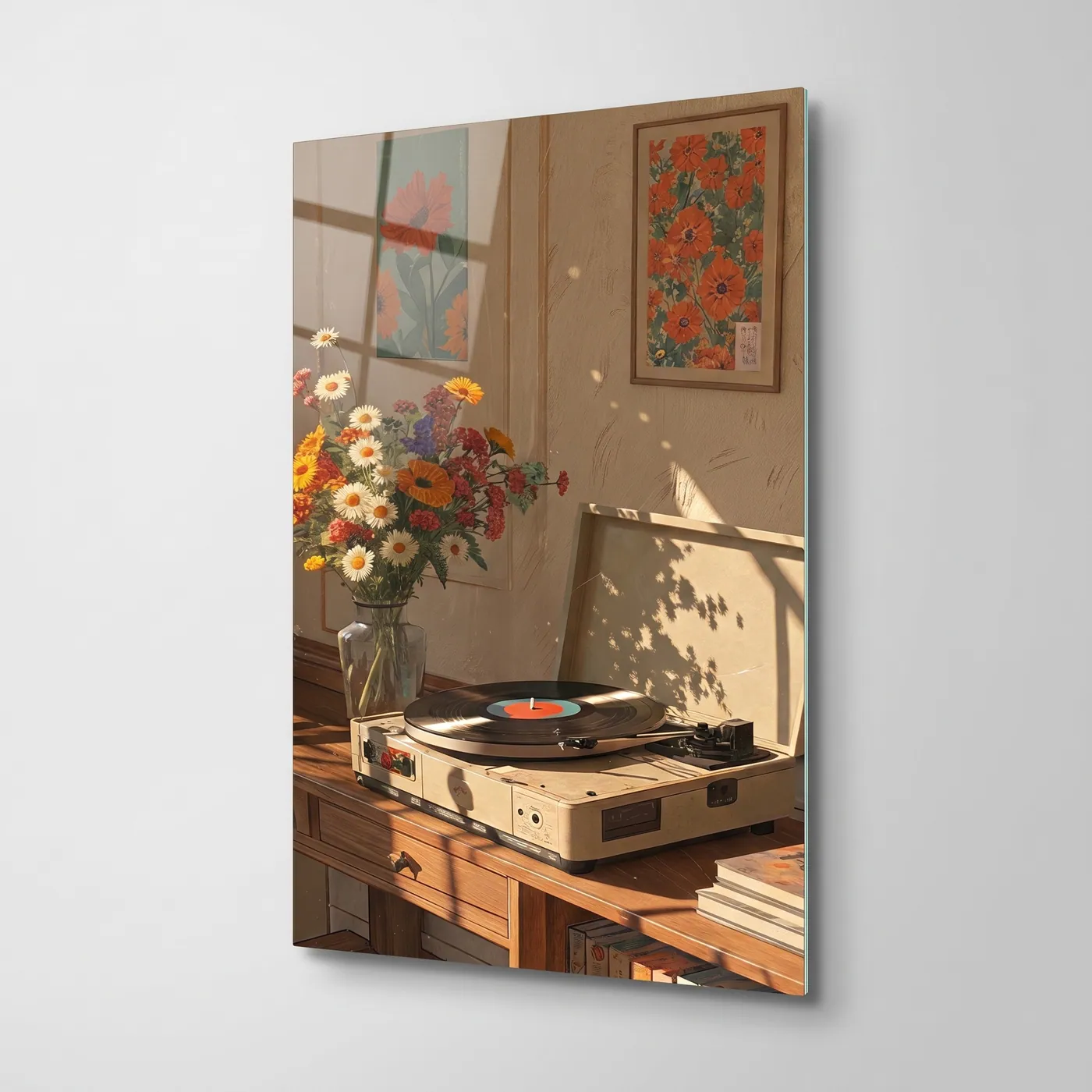 Nostaljik Pikap ve Cicekler Dikey glass wall art