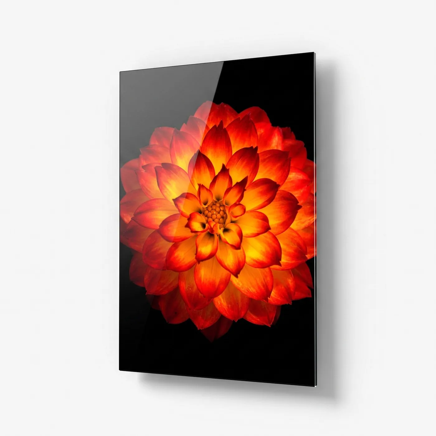 Vibrant Orange Red Dahlia Flower Art Vertical Glass Wall Art glass wall art