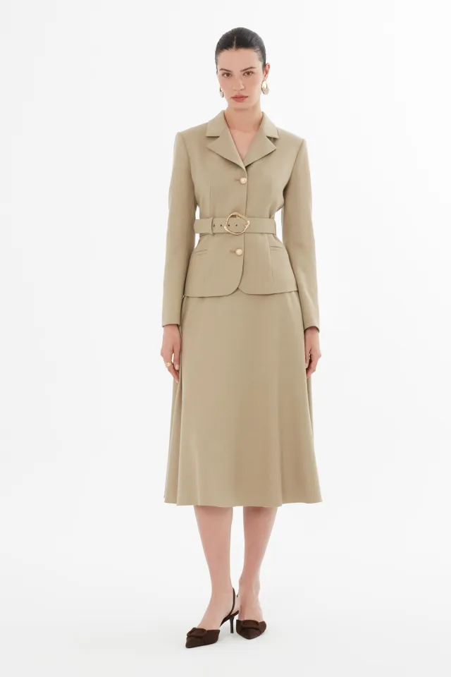 Set with Buttoned Belted Jacket and Skirt
