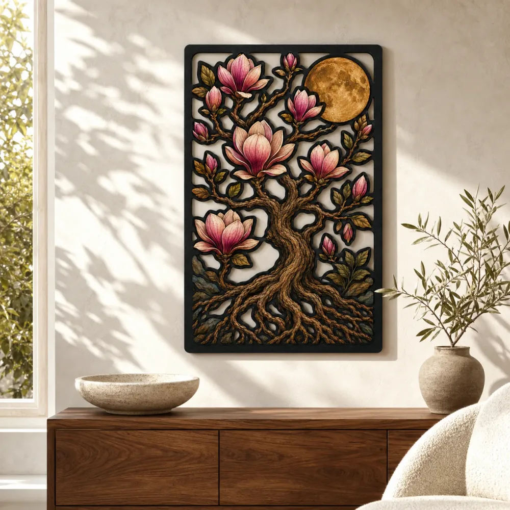 Magnolia Tree of Life with Blossoms and Moon Colorful Metal Wall Art