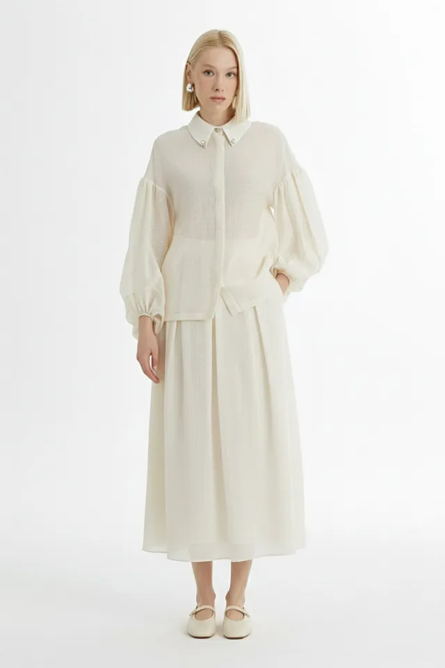 Embroidered-Collar Shirt and Pleated-Skirt Ecru Set
