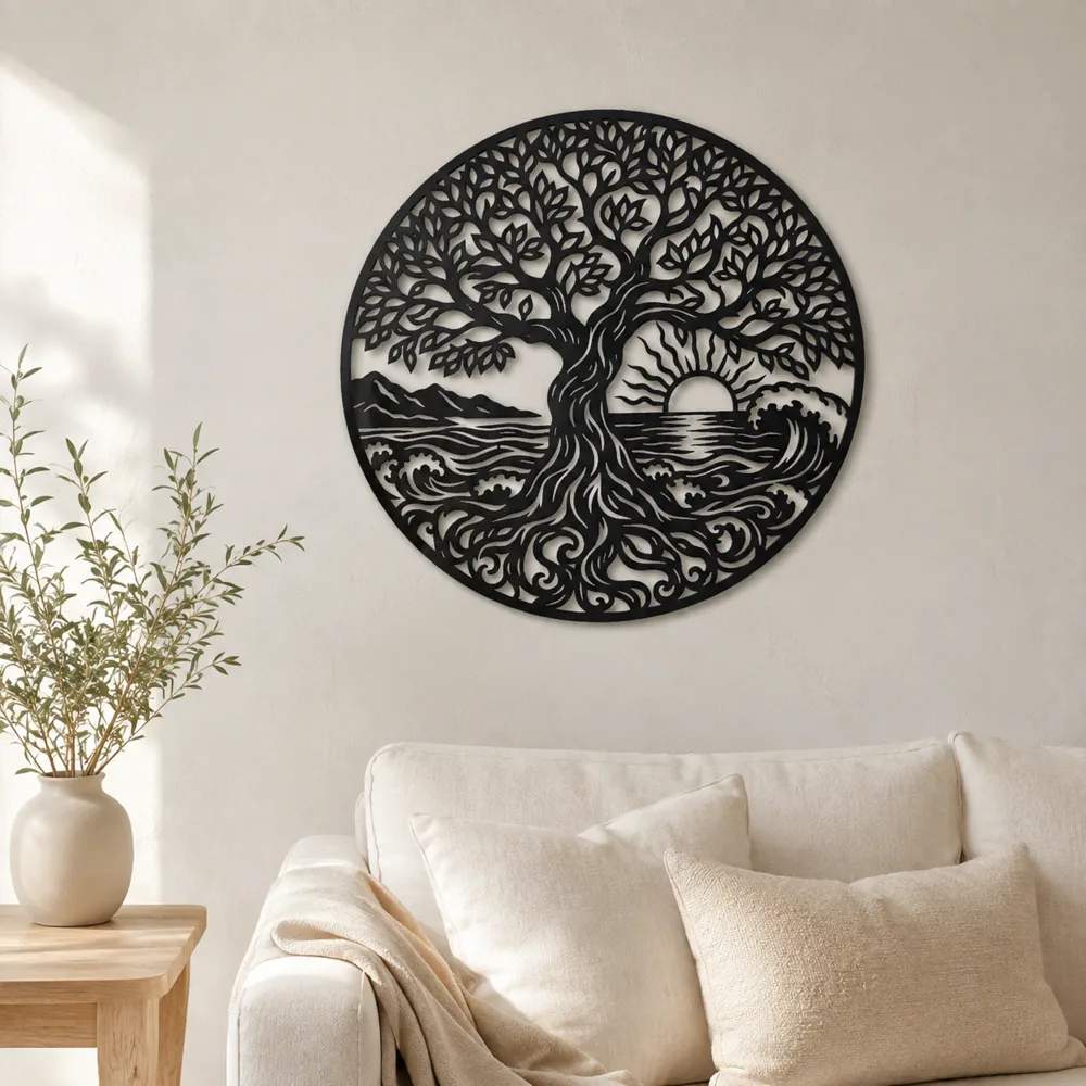 Tree and Ocean Circle Metal Wall Art