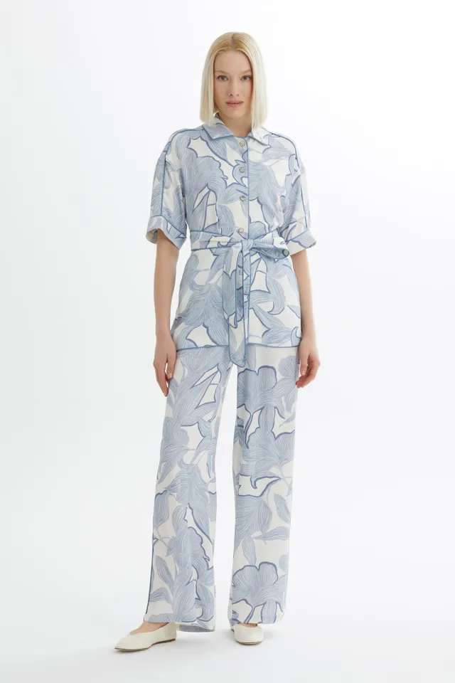 Sash-Tie Shirt and Trousers Blue Set